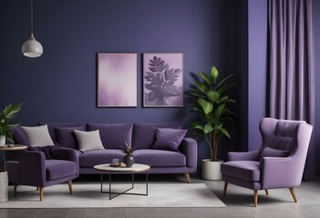 A modern living room with a purple color scheme. The room features a large gray sofa, a coffee table with a plant, and two framed wall art pieces.