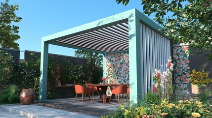 aqua frame, floral chocolate and snow white vertical louvers modern pergola with a redwood dining ta