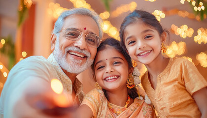 Canvas Print - happy indian family celebrating diwali festival at home