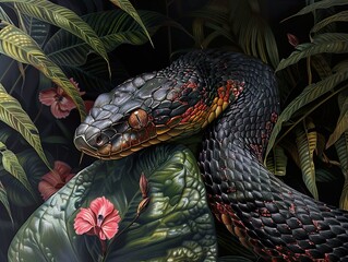 Wall Mural - Close-up of a Snake in a Lush Jungle Setting