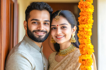 Sticker - young indian couple standing together on diwali festival