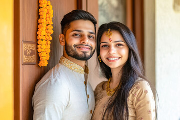 Sticker - young indian couple standing together on diwali festival