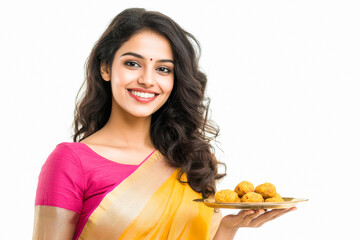 Poster - young indian woman holding sweet plate on white background