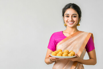 Poster - young indian woman holding sweet plate on white background