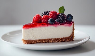 Wall Mural - A captivating banner featuring a slice of creamy cheesecake topped with fresh berries