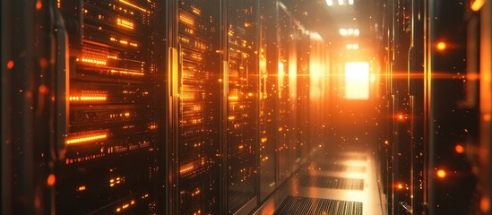 Wall Mural - Modern Data Center with Glowing Servers and Bright Light at the End of the Corridor