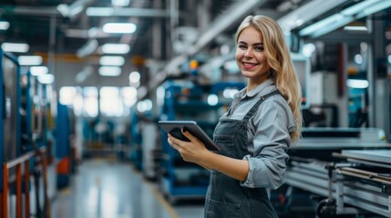 Poster - A woman is smiling and holding a tablet in a factory