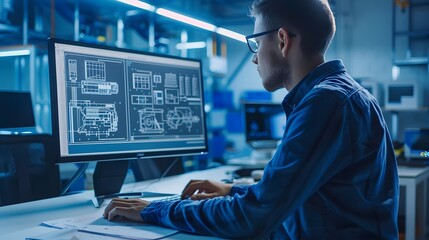 Engineer Working on Desktop Software, Showcasing High-Tech Innovation and Problem-Solving in a Modern Workspace
