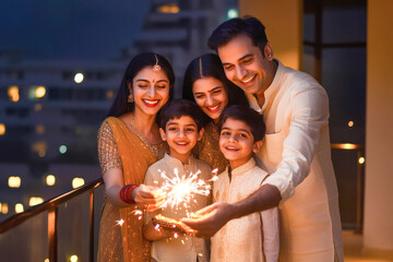 Sticker - happy indian family celebrating diwali festival at home