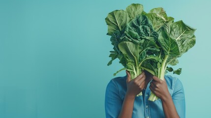 Poster - A person holding a bunch of green leafy vegetables in front of their face. AI.