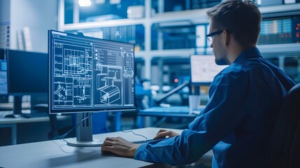 Engineer Working on Desktop Software, Showcasing High-Tech Innovation and Problem-Solving in a Modern Workspace