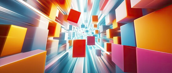 Poster - Vibrant abstract design featuring colorful cubes racing through a dynamic space, representing speed and modern technology.