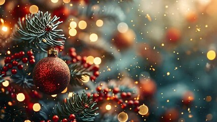 Poster - The scene captures a Christmas tree adorned with sparkling ornaments and red berries, surrounded by a warm, festive glow, evoking holiday cheer.