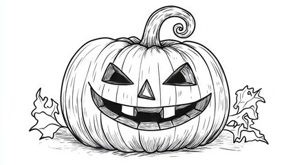 Sticker - Outline of a pumpkin with a face and curly stem, ideal for a Thanksgiving-themed drawing book.