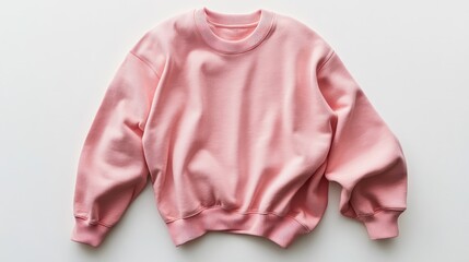 Wall Mural - Hyper-realistic flat lay of a pink sweatshirt, perfectly smooth chest, gentle folds on arms, styled on a pure white background.