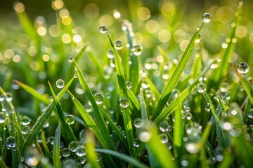 Poster - Morning dew on green grass blades close-up