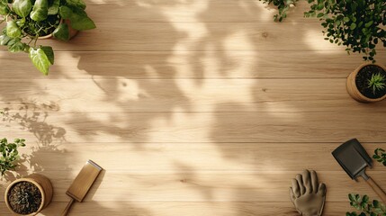 Wall Mural - Flat lay of a wooden table with gardening tools and potted plants.