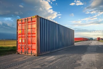 A cargo container stands at the port to be loaded