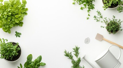 Flat lay of fresh herbs, a watering can, and gardening tools on a white background.