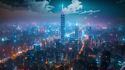 Aufkleber - Skyscrapers illuminate the night sky in a bustling cityscape.