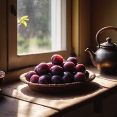 Wall Mural - Cozy rustic kitchen interior with lemon fruits on old wooden table.