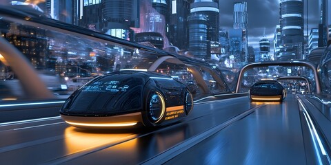 Poster - a dynamic cinematic scene depicting the rapid advancement of autonomous vehicles and innovative tran