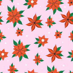 Wall Mural - Seamless pattern with red winter poinsettia flowers. Vector graphics.