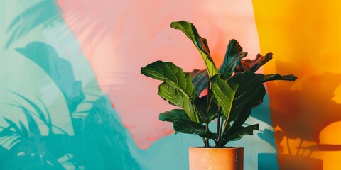 A lush green indoor plant in a terracotta pot set against a vibrant, colorful abstract background, perfect for modern home decor inspiration.