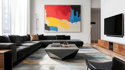 Poster - Modern living room featuring a large abstract painting and stylish furniture.