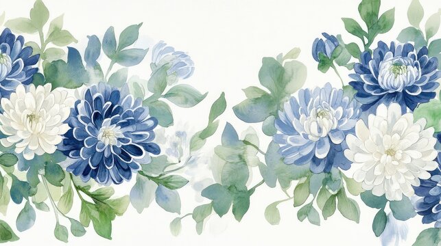 Watercolor rectangular border of navy blue, silver, and white chrysanthemums with green leaves, softly arranged on a white background.