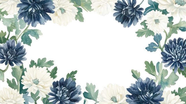 Watercolor rectangular border of navy blue, silver, and white chrysanthemums surrounded by green leaves, set against a crisp white background.