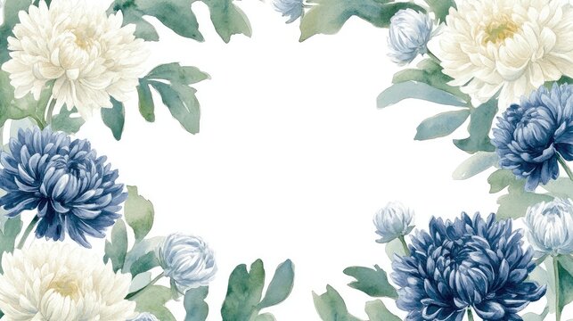 Watercolor rectangular border of navy blue, silver, and white chrysanthemums surrounded by green leaves, set against a crisp white background.