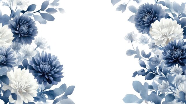 Watercolor rectangular border of navy blue, silver, and white chrysanthemums, with green leaves delicately painted on a white background.