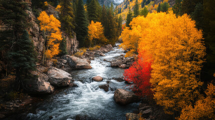 A river with a waterfall and trees in the background. The water is clear and the trees are orange