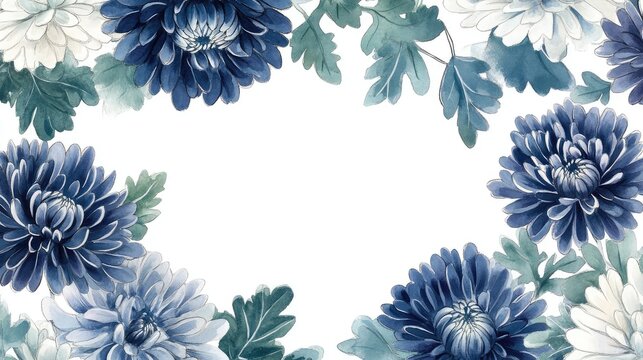 Watercolor rectangular frame featuring navy blue, silver, and white chrysanthemums with vibrant green leaves, delicately painted on a white background.