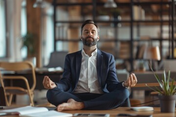 Canvas Print - Calm Jewish businessman meditating on office desk in middle of busy work day , background blur