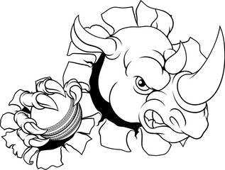 Sticker - A Rhino Rhinoceros mean tough cartoon sports animal mascot holding a cricket ball