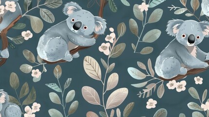 A blue and green patterned background with two koalas on it. The koalas are sitting on a tree branch