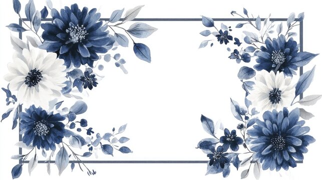 Navy blue, silver, and white chrysanthemums in soft watercolor with green leaves form a rectangular border on a clean white background.