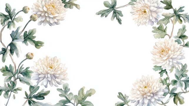 Navy blue, silver, and white chrysanthemums in soft watercolor with green leaves form a rectangular border on a clean white background.