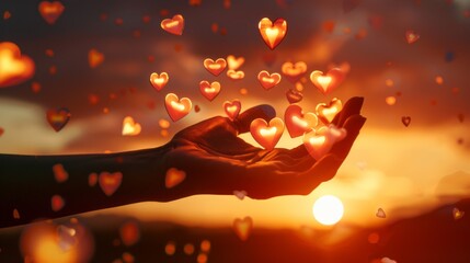 Poster - A hand is holding a bunch of hearts in the air