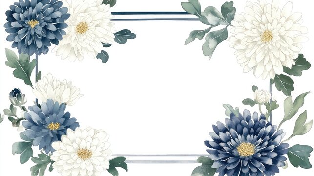 Navy blue, silver, and white chrysanthemums in a delicate watercolor style form a rectangular border with green leaves on a white background.
