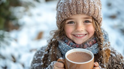 A smiling child holding a warm drink in a snowy landscape, embodying winter joy.