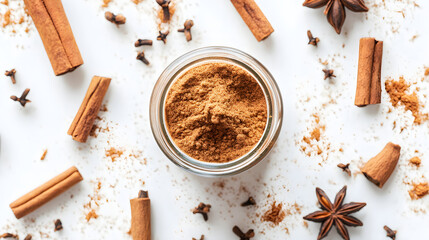 A small jar of homemade autumn spice mix surrounded by whole spices like cinnamon sticks, cloves, and star anise