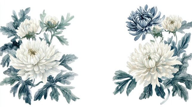 Navy blue, silver, and white chrysanthemums with green leaves form a watercolor rectangular border on a clean white background.