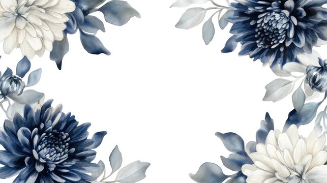 Soft watercolor rectangular frame of navy blue, silver, and white chrysanthemums with green leaves, arranged on a clean white background.