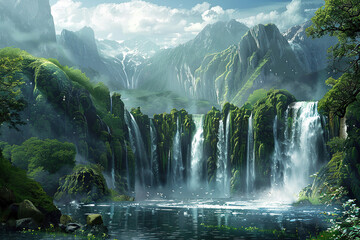 Wall Mural - Generative ai on theme of beautiful majestic waterfall in natural nature, national park attraction