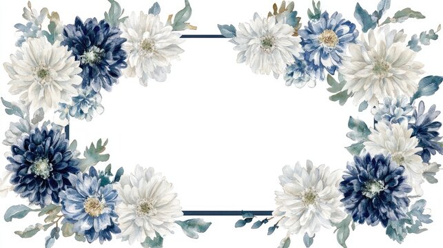 Watercolor border of navy blue, silver, and white chrysanthemums, accented by green leaves, creating a rectangular frame on a white background.
