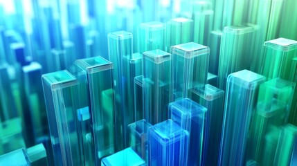 Poster - A futuristic 3D bar graph with semi-transparent bars in various shades of blue and green, with digital data flowing around the graph in a virtual reality space.