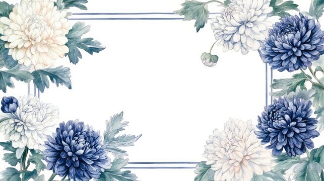 Watercolor border of navy blue, silver, and white chrysanthemums, accented by green leaves, creating a rectangular frame on a white background.
